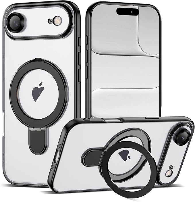 Compatible with iPhone 17 Air Case with Invisible Magnetic Ring Stand [Compatible with Mag-Safe] [Full Camera Lens Protector] Plating Clear Phone Case for iPhone 17 Air 6.5", Black