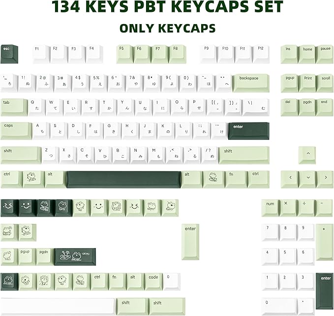 134 Keys Matcha Green Frog Keycaps - Cute PBT Japanese Keycap Cherry Profile Dye-Sublimation - Custom White Key caps for Cherry Gateron MX Switches Mechanical Gaming Keyboard