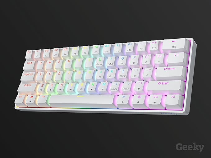 Geeky GK61 SE 60% | Mechanical Gaming Keyboard | 61 Keys Multi Color RGB LED Backlit for PC/Mac Gamer | ANSI US American Layout (White, Mechanical Speed Silver)