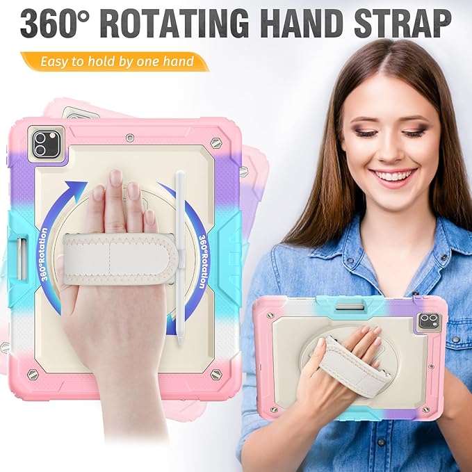 HXCASEAC Case for iPad Pro 12.9 Case (6th 5th 4th 3rd Generation), Shockproof Design | Pencil Holder | Hand Strap | Screen Protector | Heavy Duty Protective iPad 12.9 inch 2022/2021/2020/2018 - Pink
