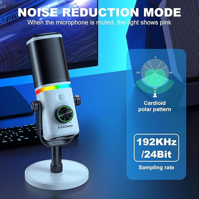 Aokeo Microphone for PC, AK-10 USB/XLR Dynamic Desktop Microphone for Gaming,Podcast,Streaming with RGB Light,Volume Control,Mute Button,Noise Reduction(White)