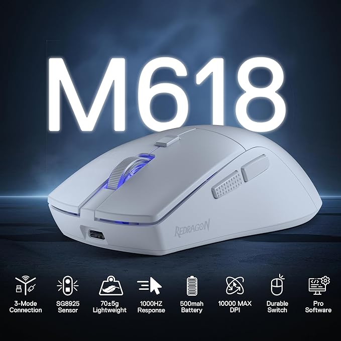 Redragon M618 LIT Wireless Gaming Mouse, 10000 DPI Optical Ergonomic Mouse with 6 Programmable Buttons, 70G Ultra Lightweight, Software Supports DIY Keybinds