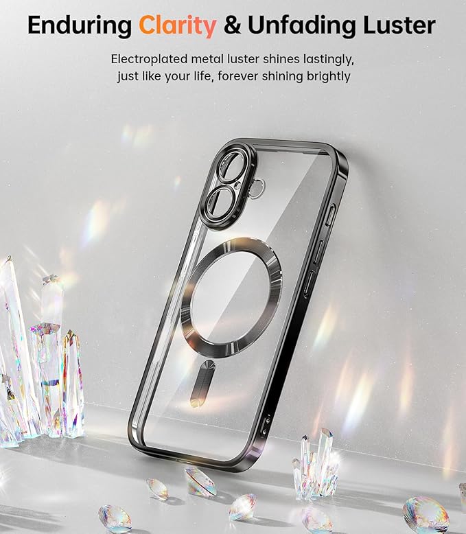 Meifigno Case Designed for iPhone 16 6.1 inch, [Compatible with MagSafe] [2X Screen Protectors] [Glitter Card & Wrist Strap] Surround Lens Protection Designed for iPhone 16 Case Girls, Black Titanium