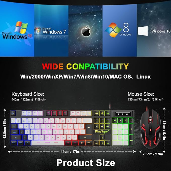 BlueFinger RGB Gaming Keyboard and Backlit Mouse Combo, USB Wired, LED Gaming Set for Laptop PC Computer Game and Work (Black & White)