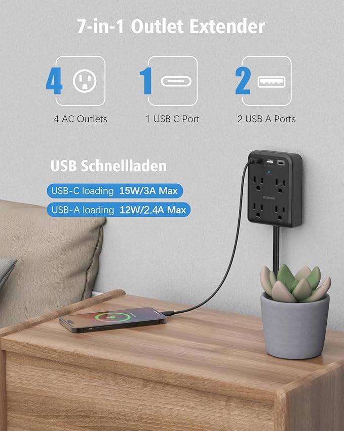 Flat Multi Plug Extender with 3 USB Wall Charger(1 Type C), 4 Outlet Wall Adapter, 4 ft Thin Extension Cord, Flat Plug Surge Protector Power Strip for Home, Office. Black