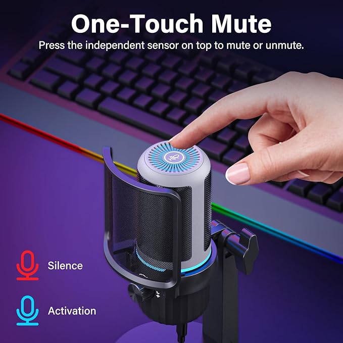 USB Condenser Gaming Microphone, PC Microphone for Streaming, Podcasts, Recording, Desktop Computer Mic with Mute Button & LED Indicator, Volume Control, Headphone Jack