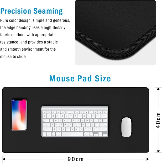 Gaming Mouse Pad Large XXL Extended Desk Mat with Non-Slip, Special-Textured Surface, Stitched Edges for Gaming and Office Home - Black