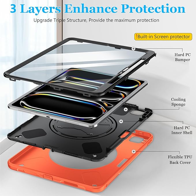 Case for iPad Pro 13 Inch M5 2025/ M4 2024: Military Grade Cover for iPad Pro 13" with Screen Protector - Stand - Handle - Shoulder Strap - Pencil Holder- Orange