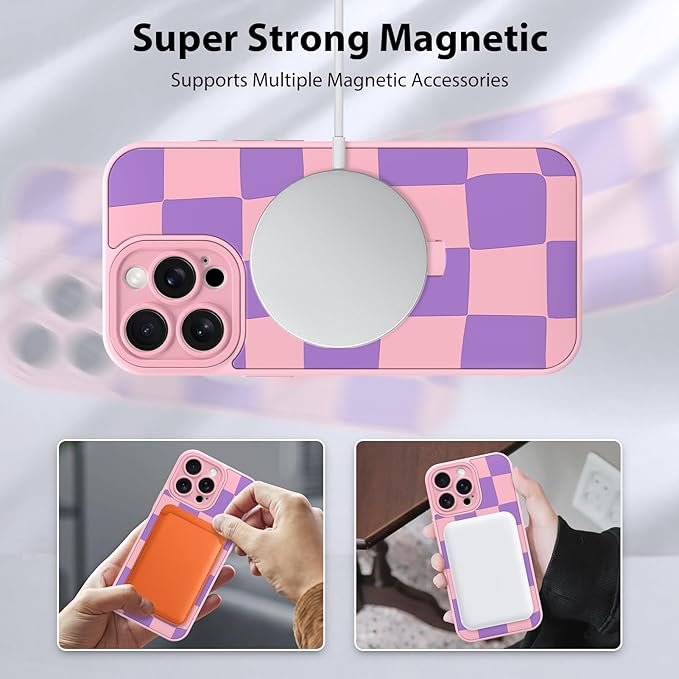 KANGHAR Compatible with iPhone 15 Pro Case, Support for MagSafe, Silicone Checkered Cute Pattern, Wristband Kickstand Camera Protection Soft Slim Cover for Girls Women -Pink