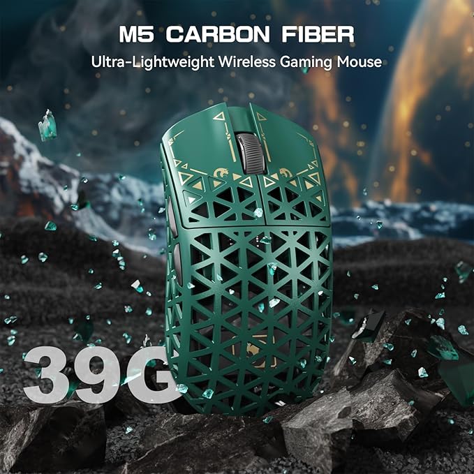 MAMBASNAKE M5 Ultra Carbon Fiber 8KHz Wireless Gaming Mouse,PAW3950MAX Sensor 42K DPI,39g Superlight Tri-Mode 2.4GHz/BT/Wired Computer Mice,Web Driver Support,for Win/Mac/FPS/MOBA/Esports-Green (A)