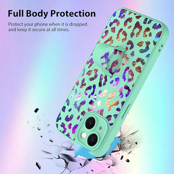 KANGHAR Compatible with iPhone 15 Case, Support for MagSafe, Silicone Cute Iridescent Leopard Cheetah Pattern, Wristband Kickstand Shockproof Protective Slim Cover for Women Girls, Green