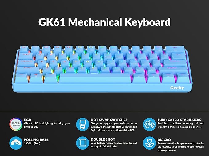 Geeky GK61 60% | Hot Swappable Mechanical Gaming Keyboard | 61 Keys Multi Color RGB LED Backlit for PC/Mac Gamer | ANSI US American Layout (Blue, Mechanical Red)