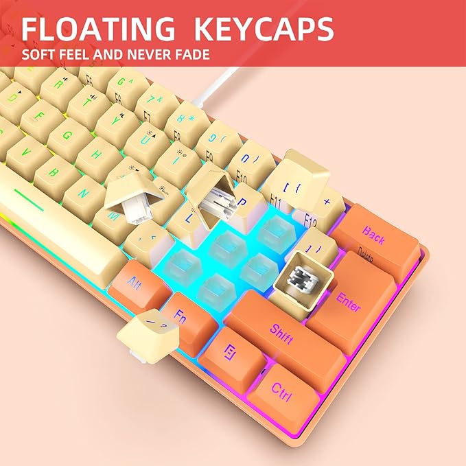 Snpurdiri 60% Wired Gaming Keyboard, RGB Backlit Ultra-Compact Mini Keyboard, Waterproof Mini Compact 61 Keys Keyboard for PC/Mac Gamer, Typist, Travel (Orange and Cream)