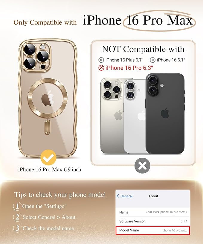 GVIEWIN for iPhone 16 Pro Max Case Compatible with MagSafe, Upgraded [Full Camera Protection][Cute Wave Frame][Military Grade Protection] Electroplated Soft Phone Cover for Women Girl, Clear/Gold