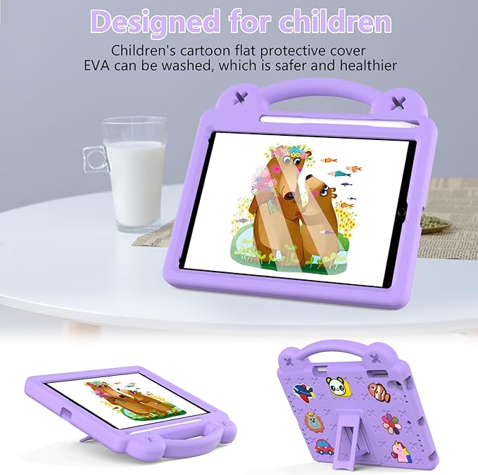AKABEILA Compatible with Apple iPad Air 1 2013/Air 2 2014/Pro 9.7(2016)/iPad 9.7(2017/2018) Tablet Case, Kids Shockproof Protective Case with Shoulder Strap & Stand Handle & Pen Tray Light Purple