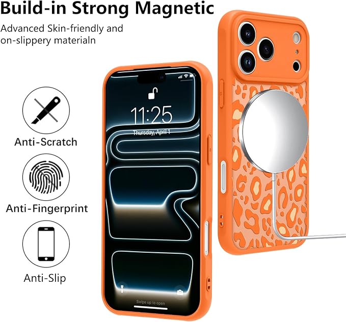 KANGHAR Case Compatible with iPhone 17 Pro Orange Leopard Printed Pattern [Compatible with Magsafe] Cute Cheetah Protective Magnetic Case for Girls Women 6.3"
