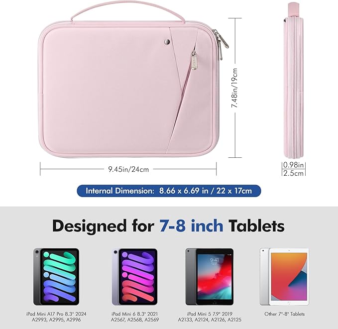 MoKo 7-8 Inch Tablet Sleeve Carrying Case with Handle, Padded Protective Travel Bag for iPad Mini A17 Pro/6th 8.3'', iPad Mini 5/4/3/2th 7.9", Pink
