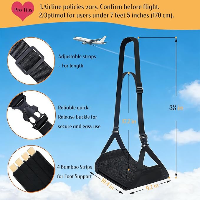 Foot Hammock for Plane Travel - Portable Adjustable Airplane Foot Hammock with Memory Foam - Hardboard, Prevents Feet Clashing, Relieves Swelling - Travel, Office Essentials