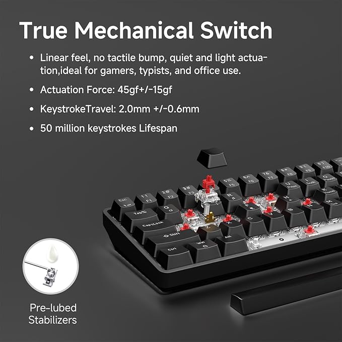 TMKB 60% Mechanical Gaming Keyboard, Red Linear Switch, LED Backlight, Anti-Ghosting, Detachable USB-C, Double-Shot Keycaps, 61 Keys, Wired, Black