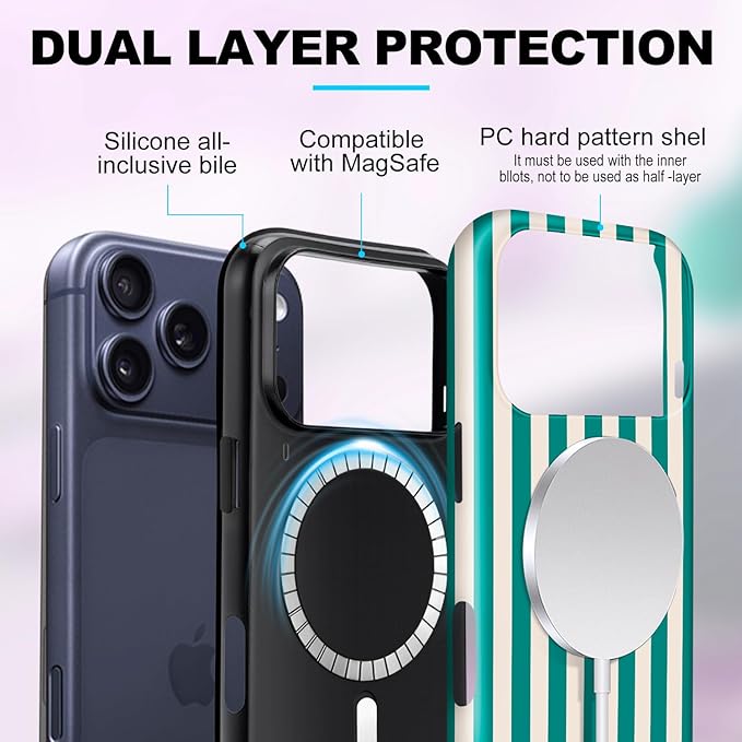 Magnetic for iPhone 17 Pro Case Cute Stripes Phone Case, Shockproof Slim TPU and Hard PC Protective Phone Cover Compatible with MagSafe Designed for Women Girls, Emerald Green