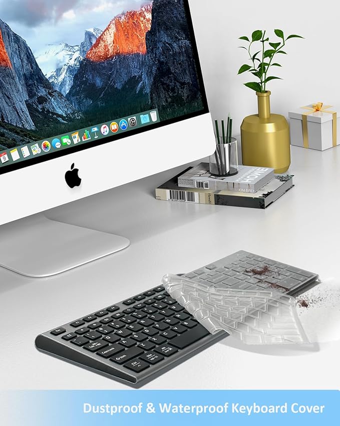 FENIFOX Wireless Keyboard, Bluetooth & 2.4G USB & USB-C Rechargeable Silent Ultra Quiet Low Profile Compact Full Size with Number Pad Soft Multi Device for Mac MacBook Windows PC - Black & Grey