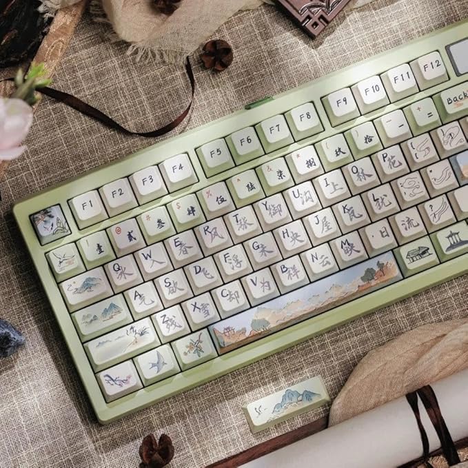 PBT Keycaps-Green Aesthetic Custom Cherry Keycaps,118 Keys Dye Sub Chinese Ancientry Theme Custom Key Caps Keyboard Keycap Set for 100%, 75%, 65%, 60% Mechanical Keyboard