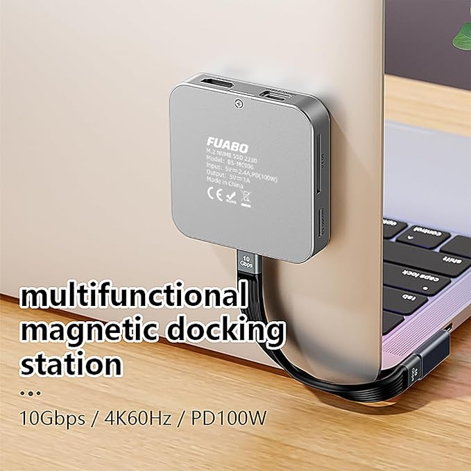 Magnetic M.2 NVMe SSD Enclosure & USB C Docking Station for iPhone MagSafe Portable SSD case, Magnetic External SSD &USB HUB 4K@60Hz HDMI, 10Gbps 100W PD Charging Compatible with iPhone 16