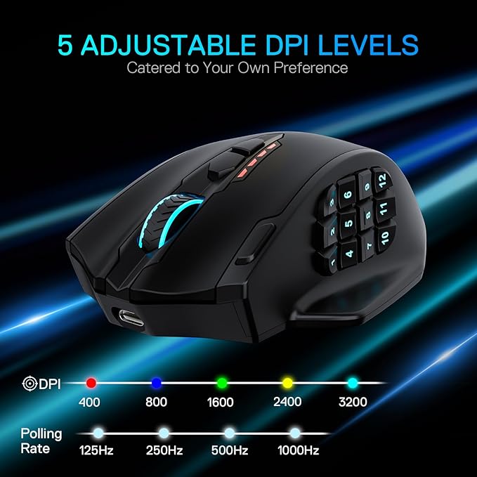 Redragon M913 MAX Wireless Gaming Mouse, 26000 DPI MMO Optical Mouse with 16 Programmable Buttons, BT & 2.4G Wireless, Software Supports DIY Keybinds