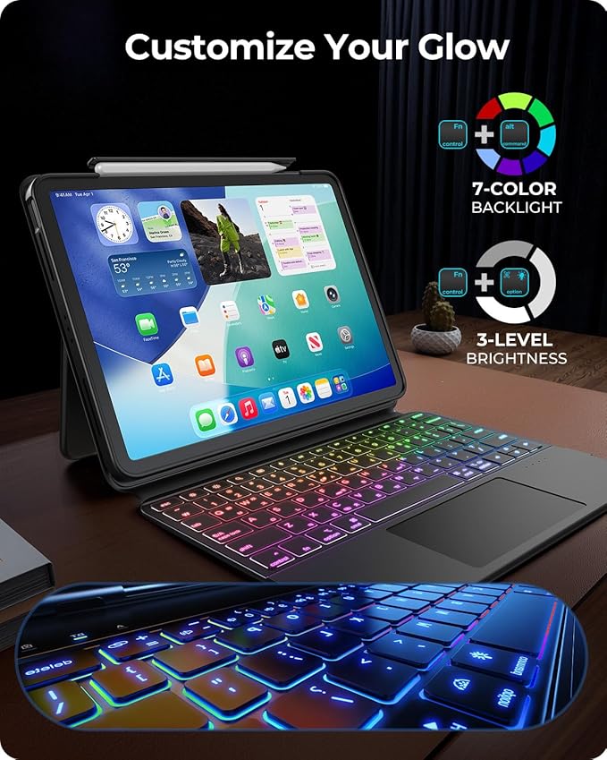 Clear Magnetic Keyboard Case for iPad Pro 13 Inch M5/M4 2025/2024, 7-Color Backlit & Multi-Touch Trackpad, Detachable 360 Rotation & Up-Down Lift Protective Case w/Stand, Black