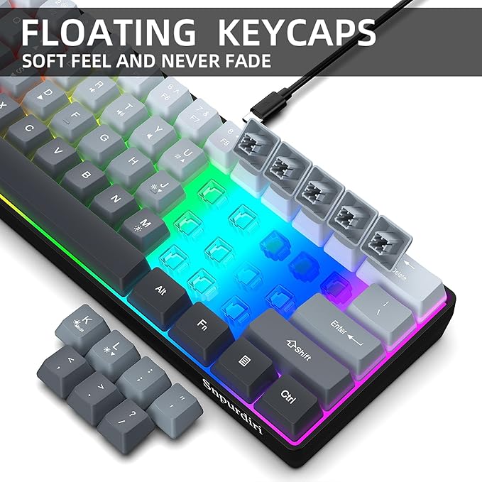 Snpurdiri 60% Wired Gaming Keyboard, 61 Keys RGB Backlit Ultra-Compact Small Gaming Keyboard, for PC/Mac Gamer, Typist, Travel, Easy to Carry on Business Trip (Grey-Black)