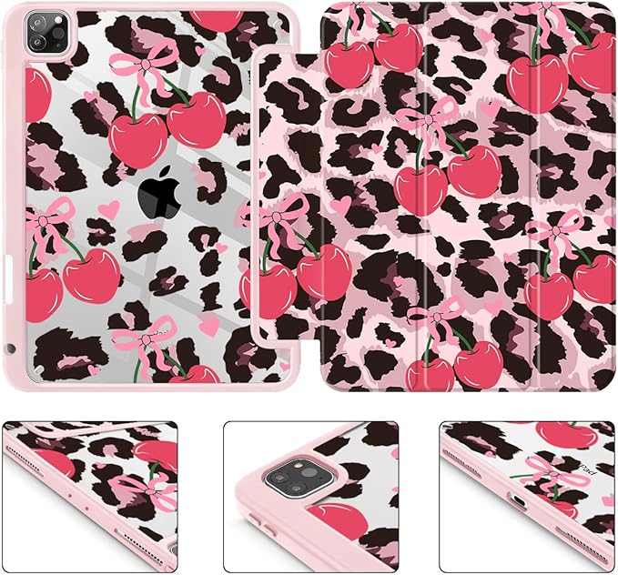 Mektron Case for iPad Pro 11 inch Case M2 2022 Generation 4th, Fit 2021 2020 2018 iPad Pro 11" (3rd, 2nd & 1st Gen) -Buit in Pencil Holder with Shockproof Cover Clear Shell, Cherry & Cheetah