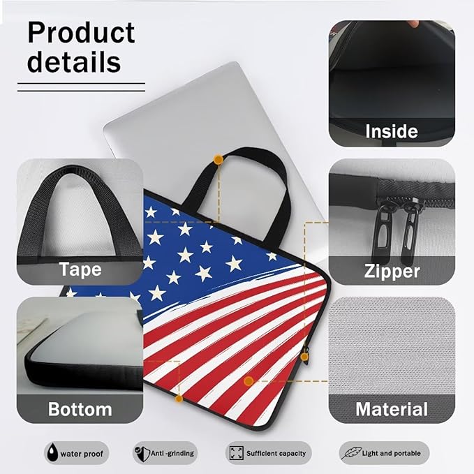 10 Inch American Flag Laptop Sleeve, Red White and Blue Laptop Cover Computer Bag Tablet Carrying Case, Zipper Tote Bags Notebook Sleeves Independence Day Gifts for Men Women