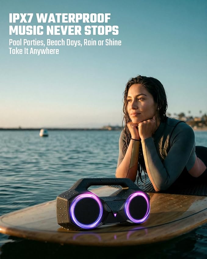 Bluetooth Speaker 80W(Peak)Loud with Bass, 20H Playtime, IPX7 Waterproof, RGB Lights, TWS, Large Portable Wireless Speakers for Outdoor, Home, Party, Pool, Beach, Tailgating, Gym, Work, Gifts (Black)