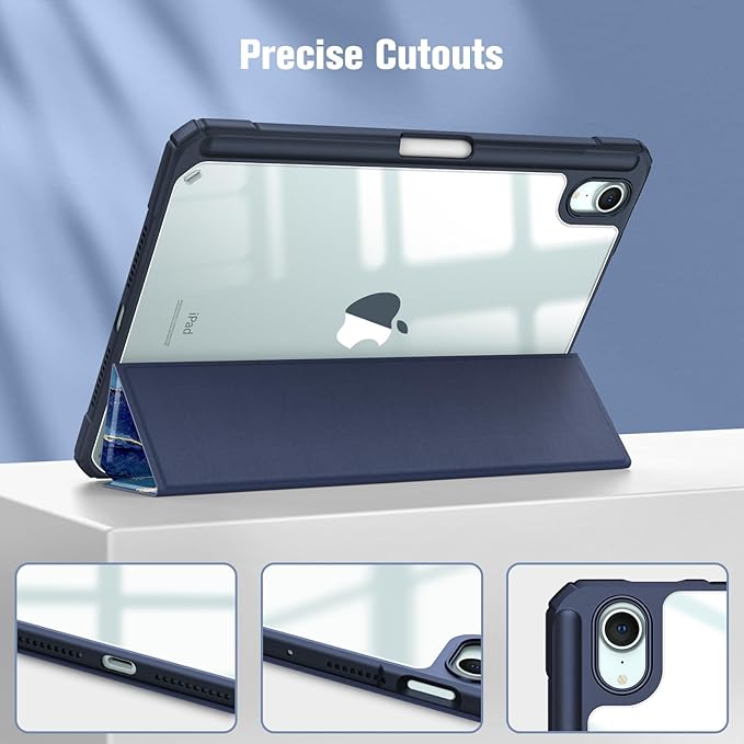 Fintie Hybrid Slim Case for iPad Mini 7 (A17 Pro, 7th Generation) 2024 / iPad Mini 6 (6th Gen) 8.3 Inch, [Built-in Pencil Holder] Shockproof Cover Clear Transparent Back Shell, Ocean Marble