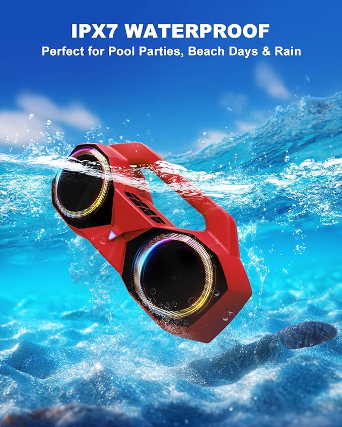 OZJ Bluetooth Speaker 80W(Peak) Loud with Bass, 20H Playtime, IPX7 Waterproof, RGB Lights, TWS, Large Portable Wireless Speakers for Outdoor, Home, Party, Pool, Beach, Tailgating, Gym, Work (Red)