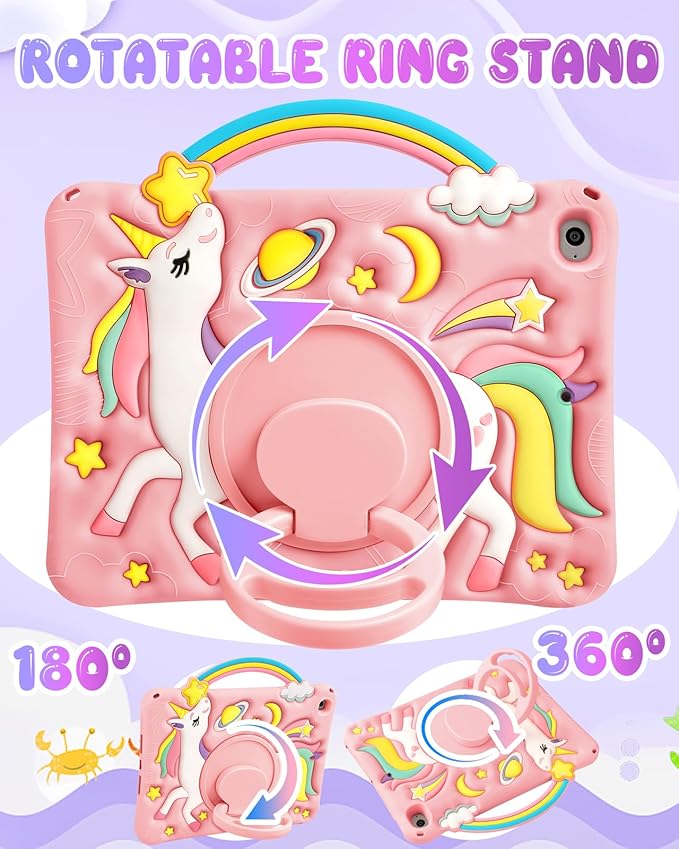 Boaretiu for iPad mini 5th/4th Generation Case 7.9 Inch 2019/2015 - Cute Cartoon Unicorn Soft 3D Silicone Case with Strap & Rotating Stand for Girls Teens Tablet Cover for iPad mini 5th/4th
