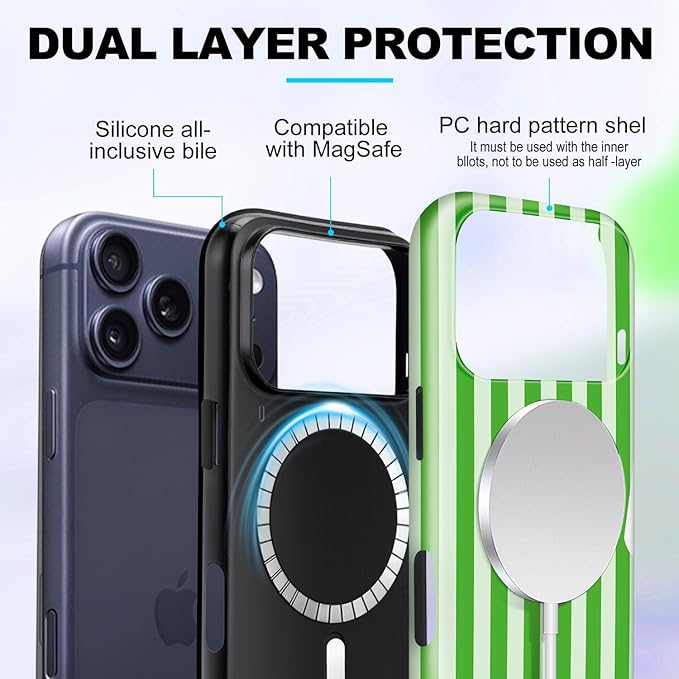 Magnetic for iPhone 17 Pro Max Case Cute Stripes Phone Case, Shockproof Slim TPU and Hard PC Protective Phone Cover Compatible with MagSafe Designed for Women Girls, Deep Green