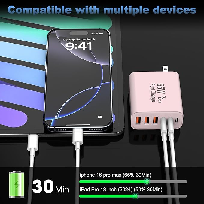 USB C Charger Block,65W 6-Port USBC Charging Block,Wall Charger iPhone Charger Fast Charging,Multiport Type C PD+QC Power Plug for All iPhone 17 16 15 iPad Samsung S23 S24 iWatch Pixel Series (Pink)