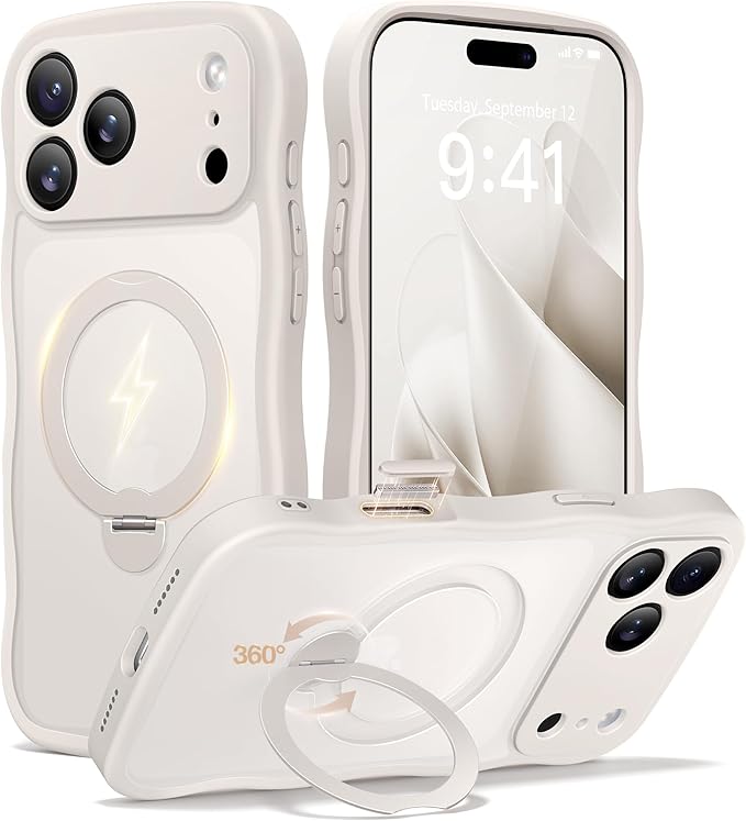 CAPRARO for iPhone 17 Pro Max Case with 360° Spin Magnetic Stand for Women, [Compatible with MagSafe] [Full Camera Protection] Cute Wave Translucent Matte Case for iPhone 17 Pro Max, Stone