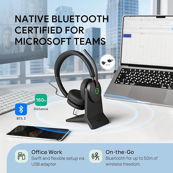Yealink BH74 ANC Bluetooth Headset with Microphone for Hybrid Work, Microsoft Teams Premium Open Ofﬁce Certified Headsets with 6-mics Active Noise Cancellation, Zoom Certified, 65H Battery