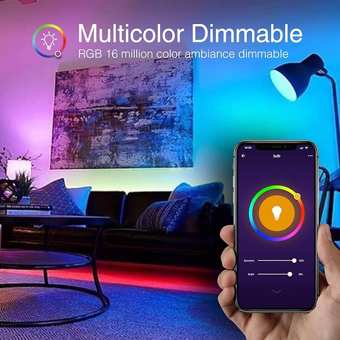 Wi-Fi Smart Light Bulb(RGB+W) 4 Pack, Full Color Changing Light Bulb-Compatible with Alexa and Google Assistant