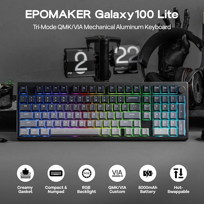 EPOMAKER Galaxy100 Lite QMK/VIA Gaming Keyboard with 8000mAh Battery and Numpad, 1800 Aluminum Mechanical Keyboard, USB-C/BT/2.4Ghz, Hot-Swap, Creamy Sound (Black, Marble White Switch)