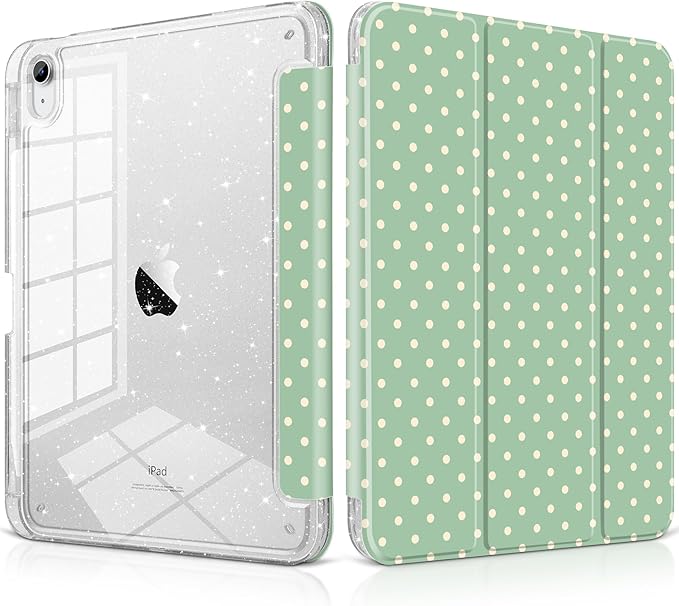 DONGKE for iPad Pro 11 inch Case – Fits M5 2025 / M4 2024, Shockproof Sparkling Glitter Acrylic Back, Pencil Holder, Trifold Stand, Auto Sleep/Wake & Touch ID Support - Green Polka Dot