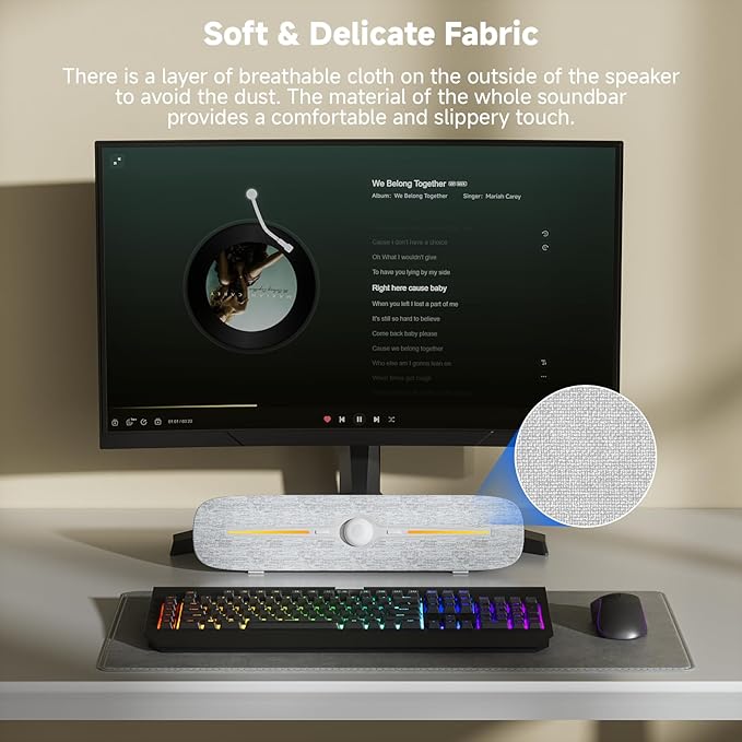 SOULION Computer Speakers for Desktop, USB Powered Bluetooth PC Speaker with Led Light, 3.5mm Aux Soundbar with Rotary Volume Control Button for Laptop Monitor White