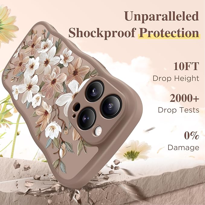 GVIEWIN for iPhone 16 Pro Max Case Compatible with MagSafe [Curly Wave Edge][Full Camera Protection] Floral Translucent Shockproof Magnetic Women Phone Case for 16 Pro Max, Dogwood/Brown