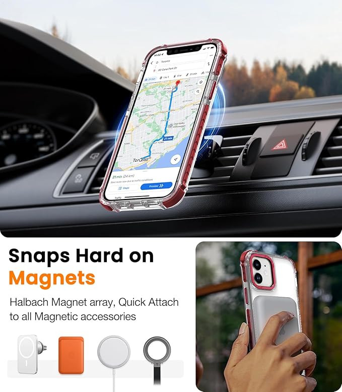 DEERLAMN Strong Magnetic Case for iPhone 12/12 Pro 6.1-Inch,[Compatible with Magsafe][Military Grade Drop Protection] Clear Slim Shockproof Protective Phone Cover-Transparent+Red