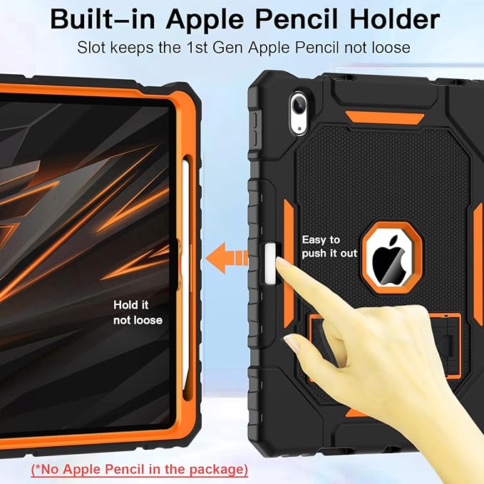 ZoneFoker Case for iPad (A16) 11th/10th Generation 11/10.9 inch 2025/2022, Heavy Duty Military Grade Shockproof Rugged Cover with Pencil Holder/Stand for i Pad 11th / 10 th Gen(Black+Orange)