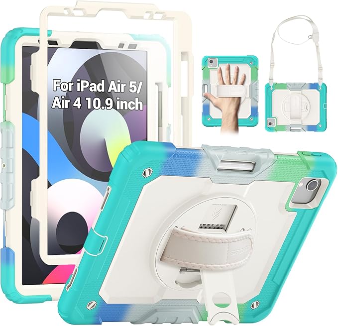 SEYMAC Case for iPad Air 5th/ 4th Generation 10.9", Full-Body Shockproof Protective Case with Screen Protector, Rotating Stand/Handle/Shoulder Strap/Pencil Holder for iPad Air 5/ Air 4, Colorful/Blue