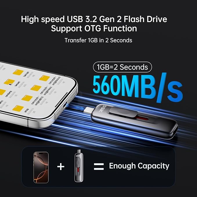 SSK Flash Drive 1TB,up to 560 MB/s Read Speed External SSD,Fast USB Hard Drive with Sliding USB3.2Gen2 Flash Dual Drive Type-c +A,Solid State Thumb-Drive for iPhone 15/16/17/Android/Windows/Tablet/TV