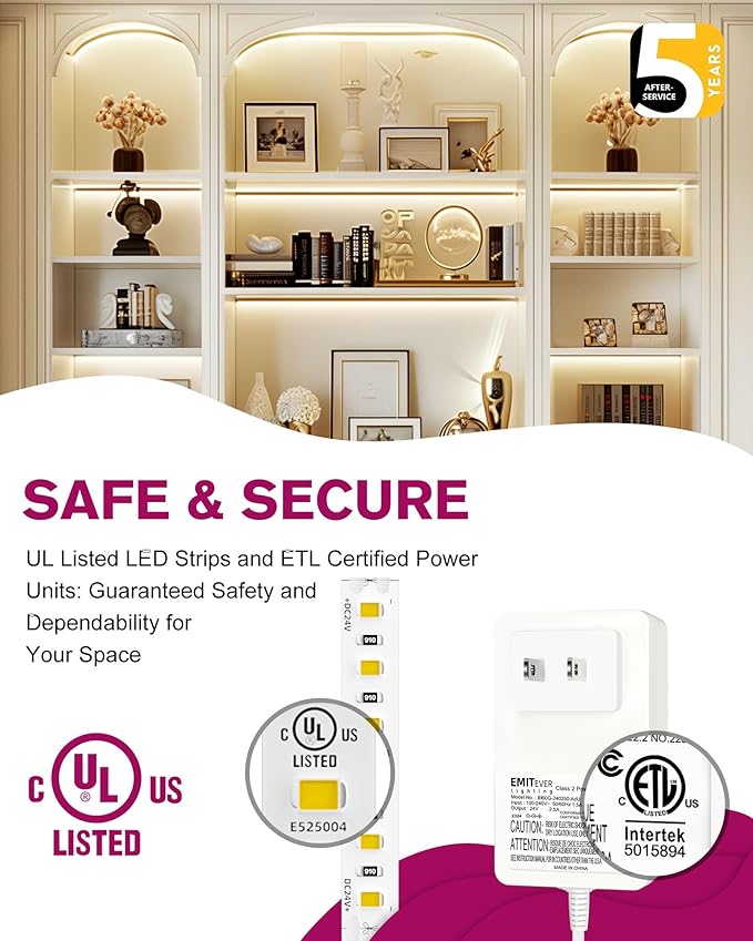 EMITEVER LED Strip Lights Kit White with Remote & 24V Power Supply,16.4ft Dimmable LED Tape Light 5000K, High Density 600LEDs, 240+LM/FT, CRI95+, Suitable for Bedroom Kitchen Under Cabinet Lighting
